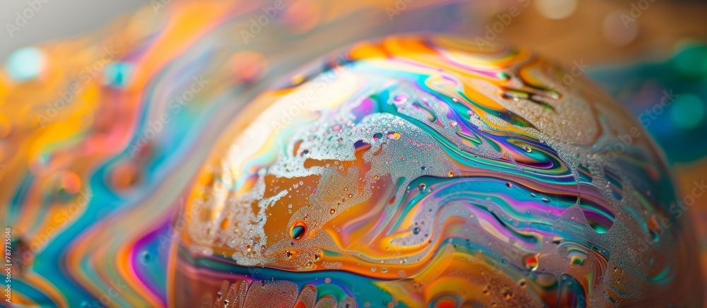 An up-close view of a vibrant and colorful liquid substance splattered on a textured wooden surface