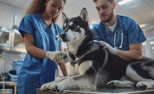 A cute dog getting a check up at the vets office © NaLan