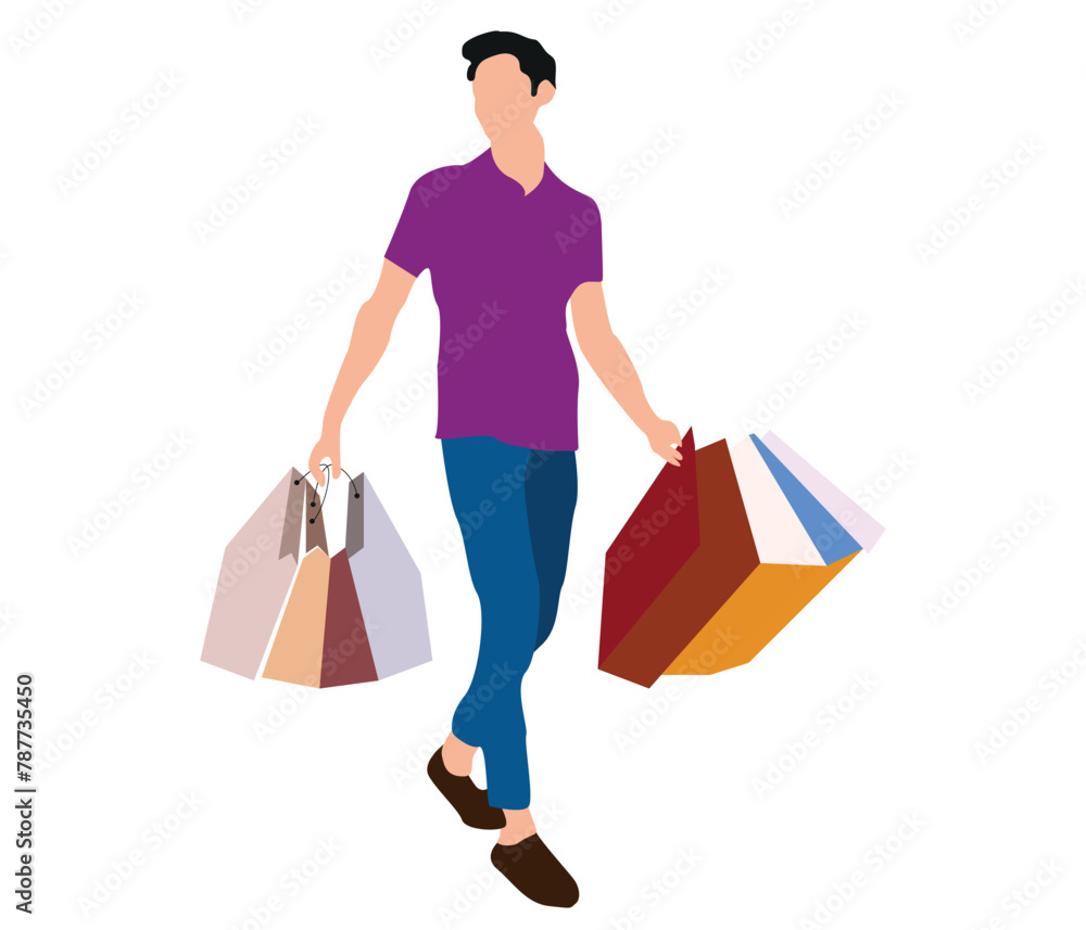 The man is shopping and holds the package and vector Illustration