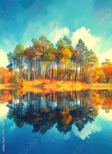 Autumn forest, colorful trees reflected in the lake, high definition photography, bright colors, autumn scenery, colorful leaves