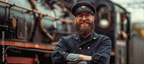 Smiling bearded train conductor with crossed arms standing in front of locomotive photo