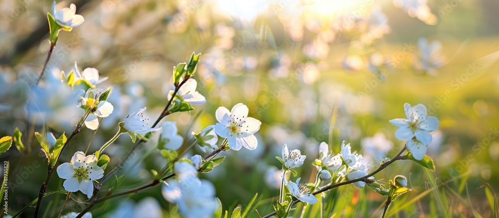 A white spring blossom is flowering in a meadow.