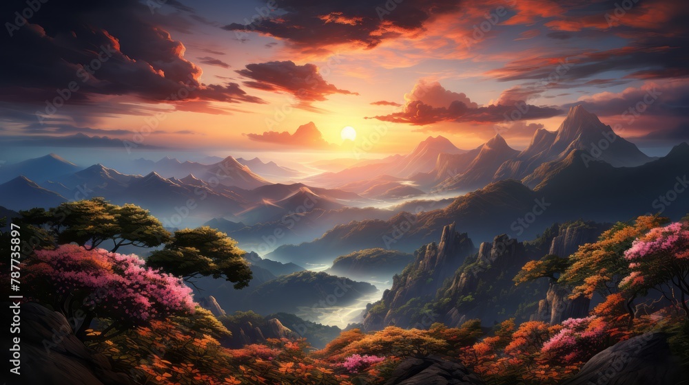 Sunset over a mountain landscape with clouds and a forested valley Sunset over a mountain landscape with clouds and a forested valley