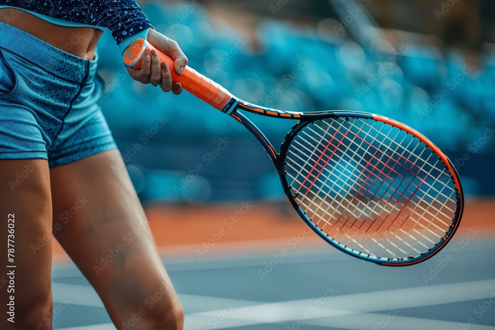 Close shot of a tennis player woman hand holding a racket with a blurry backdrop and big space for text or product advertisement, Generative AI.