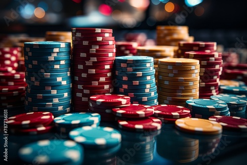Stacks of gambling chips on a poker table in luxury casino