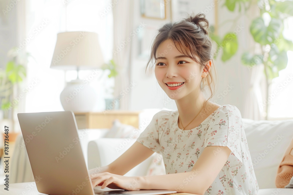 リビングでノートパソコンを使う若い女性