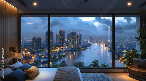 Enjoy the urban elegance of this luxury apartment overlooking the city skyline. AI generative. photo