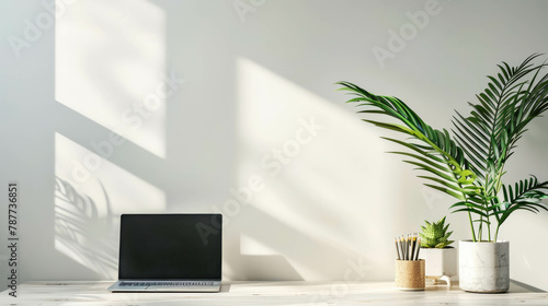 Experience productivity in a serene home office environment, accentuated by a clean desk, laptop, and vibrant potted plant. AI generative. © น้ำฝน สามารถ