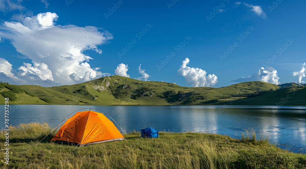 Embrace the beauty of nature with a picturesque scene featuring an orange tent by a calm lake, set against the backdrop of lush green hills and a cloudless blue sky during golden hour. AI generative.