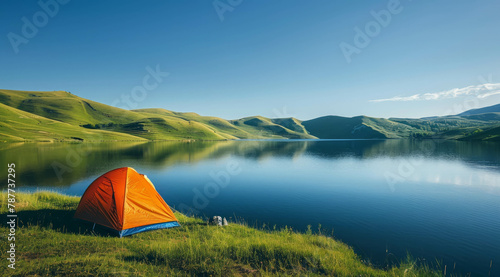 Embrace the beauty of nature with a picturesque scene featuring an orange tent by a calm lake, set against the backdrop of lush green hills and a cloudless blue sky during golden hour. AI generative.