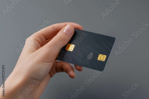 Witness the power of biometric authentication as a woman's hand presses a bank card's black square to authenticate her fingerprint on a gray background. AI generative.