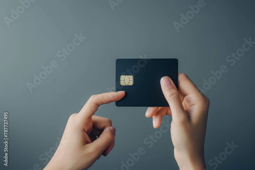 Discover the seamless integration of security and convenience as a woman's hand taps a black square on a bank card to verify her fingerprint against a gray backdrop. AI generative photo