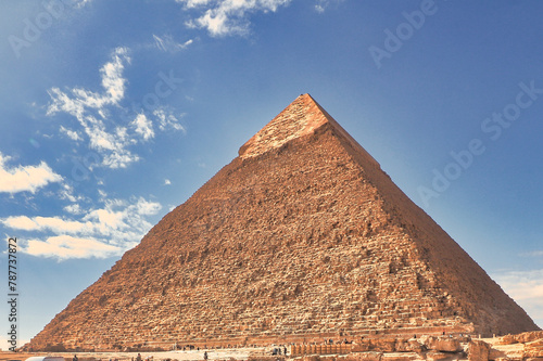 Great Pyramid of Khafre or Chephren is the tomb of the Fourth-Dynasty pharaoh Khafre  who ruled c. 2558   2532 BC seen here with a background of bright blue skies on the Giza plateau at Cairo Egypt