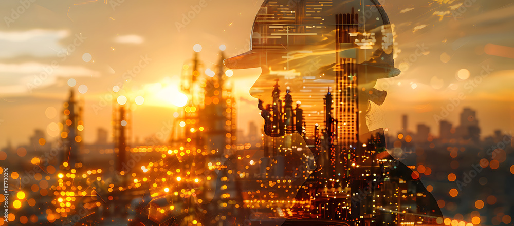 Fototapeta premium Energy sector engineer in the foreground with a vibrant refinery scene behind in a detailed double exposure