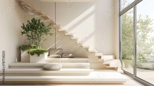 Beige stairs in a modern Scandinavian lounge with a large window and tranquil surroundings. © ASMAT