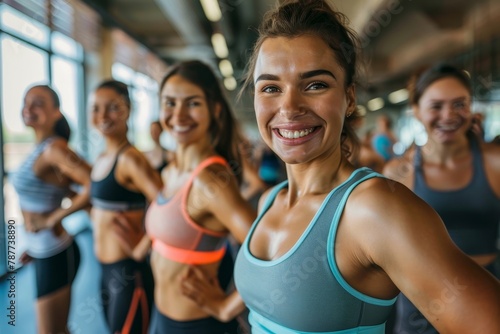 Fitness, sport, people and lifestyle concept. Group of smiling people exercising together in gym, Generative AI 