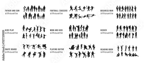 Set of people silhouette. Father, mom, playing guitar, kids play, hicker, football/soccer,  reading book silhouette set on white background. photo