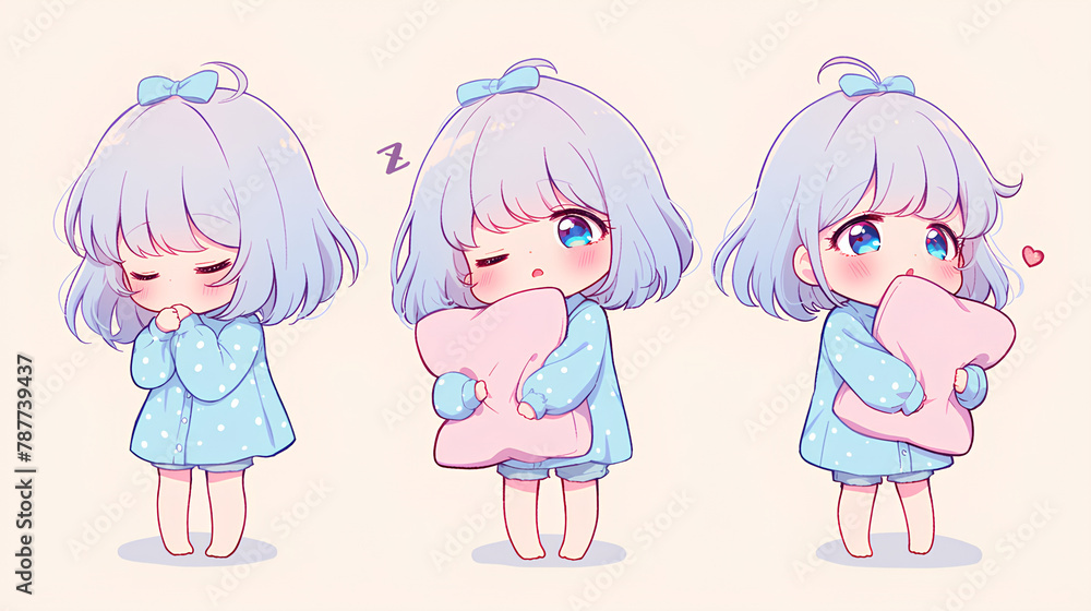 chibi anime style. Sleepy anime girl with one color simple background chibi anime style. Sleepy anime girl with one color simple background