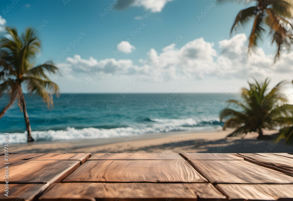 Wooden table overlooking a tropical beach with palm trees and ocean waves, ideal for a vacation backdrop.