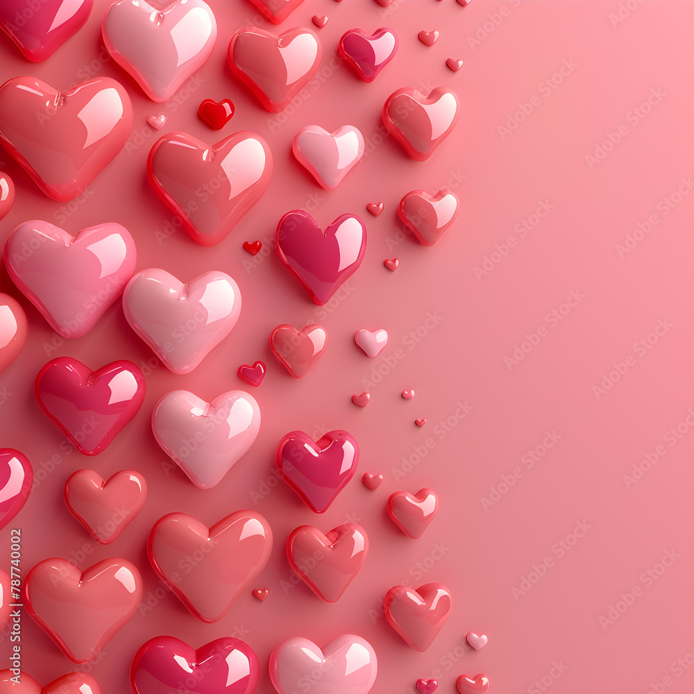 Pink valentine's day background with 3D hearts on red, cute love banner or greeting card. Perfect for romantic holiday designs or festive decorations.