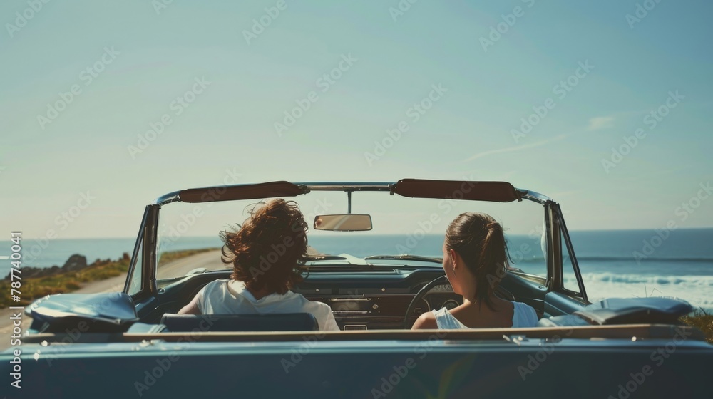 Couple driving in a convertible on a coastal road, enjoying the ocean breeze