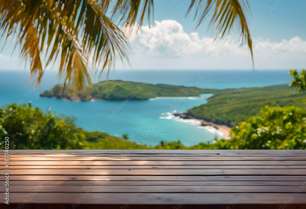 Tropical beach view from a wooden deck with palm leaves in the foreground, overlooking a serene blue bay and lush green islands.