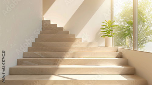 Beige stairs with a Scandinavian flair in a tranquil interior setting with a window. © ASMAT