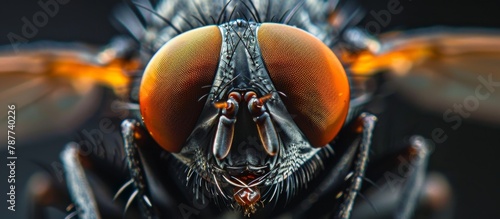 Close-up of a tiny fly showcasing its distinguishing feature, a prominent big orange eye photo