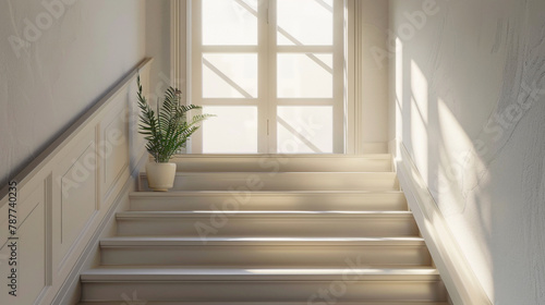 Beige stairs with a Scandinavian touch in a cozy lounge setting with a window. © ASMAT