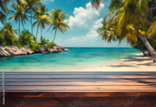 Wooden deck overlooking a tropical beach with palm trees and turquoise sea. © Tetlak