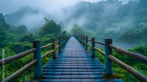 Wooden bridge in the mist at Doi Ang Khang, Chiang Mai, Thailand photo
