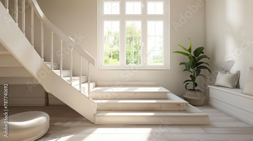 Beige stairs with a touch of Scandinavian style in a beautiful lounge with a window. © ASMAT