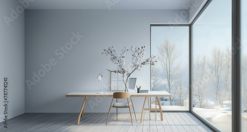 Realistic cozy working room and remote working at home or anywhere in winter. Staycation mode with snow landscape. photo