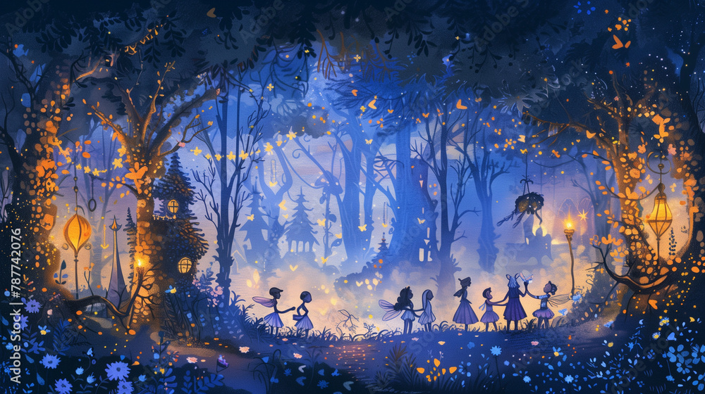 a magical forest festival with children and fantasy creatures