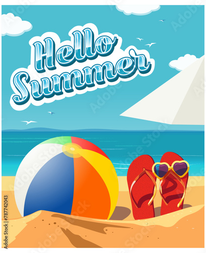 Summer time, hello summer card with colourful ball and flip-flops on the beach, vector illustration