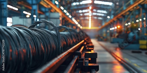 A striking image of large industrial wire coils on a conveyor belt with a dynamic factory background, symbolizing mass production and industry photo