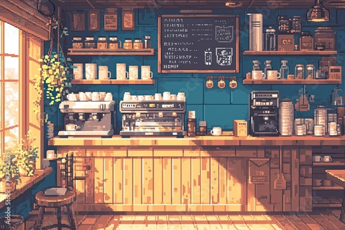 Cafe background in pixel art style © akimtan