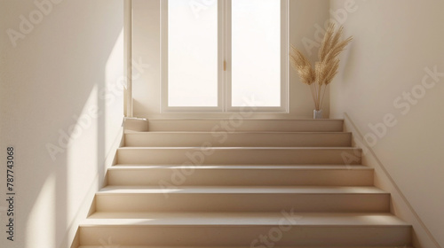 Beige stairs with minimalist Scandinavian style in an inviting interior with a window.