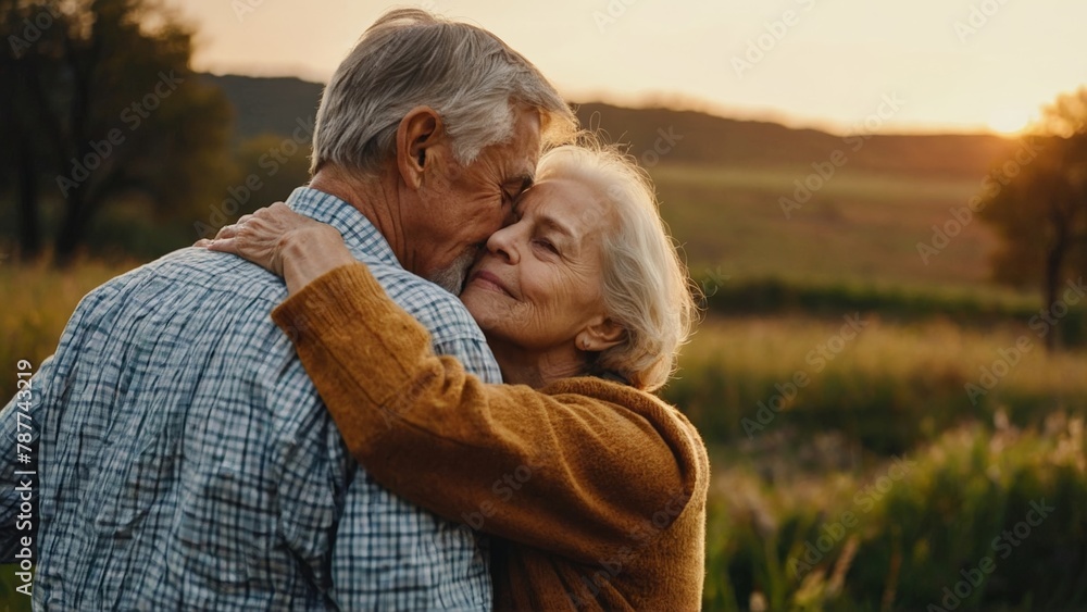 Fototapeta premium Side view of happy senior couple hugging outside in spring summer blooming nature at sunset showing happiness affection