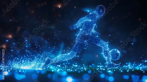 Over a blue geometric backdrop, a low poly wireframe tandem format style art depicts a man youth player colliding with a football and space, Generative AI.