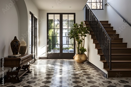 Foyer with A Striking Staircase, Moroccan Tiles Flooring, Arch Way Detail with Vases
