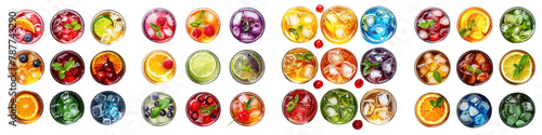 top view of glasses with Soda colorful drinks menu On A Clean White Background Soft Watercolour Transparent Background