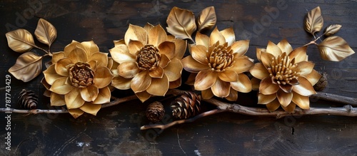 Gold-colored delicate flowers and woody pine cones are displayed together on a single branch