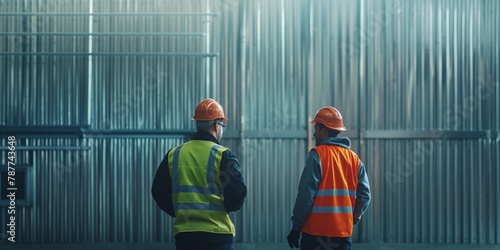 An industry-focused image showcasing two workers in high visibility safety gear discussing plans in front of a large corrugated metal background at an industrial construction site