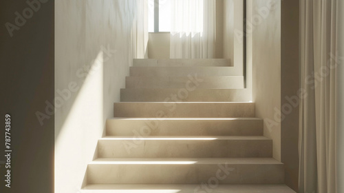 Beige stairs with Scandinavian design elements in a stylish interior with a window. © ASMAT