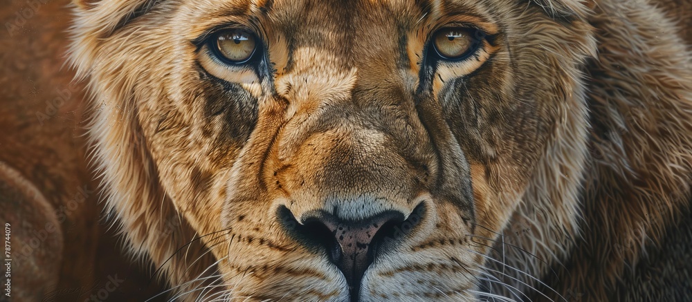 Fototapeta premium The image showcases a detailed close-up of a lion's majestic face, with a blurred background highlighting its intense gaze and powerful presence
