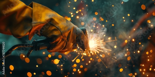 A close-up of an industrial welder at work, with vibrant sparks soaring, highlighting the craftsmanship and expertise against a dark background