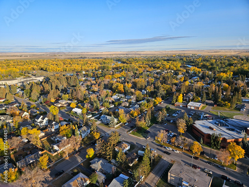 Elevated aerial view of a residential neighborhood in High River, Alberta, Canada.