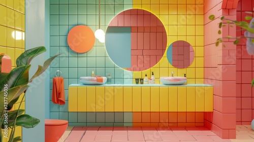 Whimsical art of bathroom humor, using overlapping geometric shapes to convey playful and funny etiquette messages photo