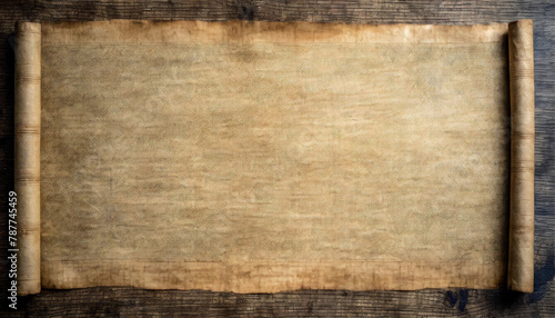 An aged papyrus manuscript, unrolled, displaying a textured surface with dark spots on a wooden background. photo